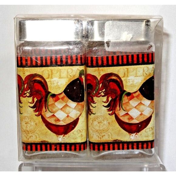 Grant Howard Country French Rooster Salt and Pepper Shakers Glass Metal Lid NIB - Picture 2 of 7